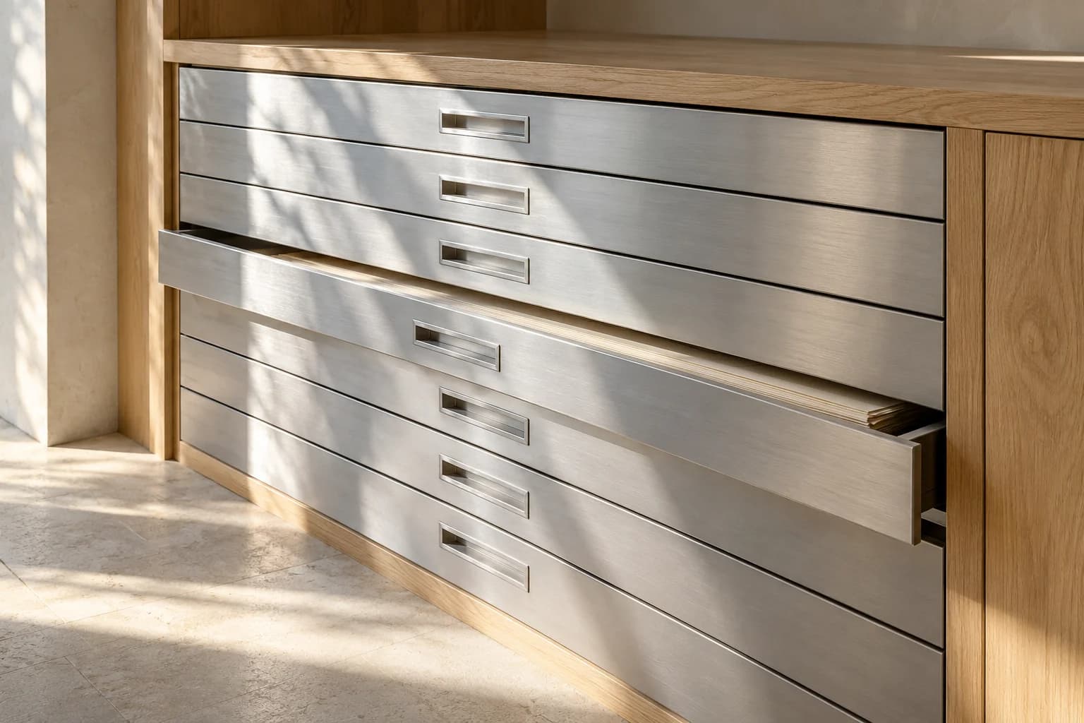 Aluminiowe szuflady archiwum w jasnej drewnianej zabudowie