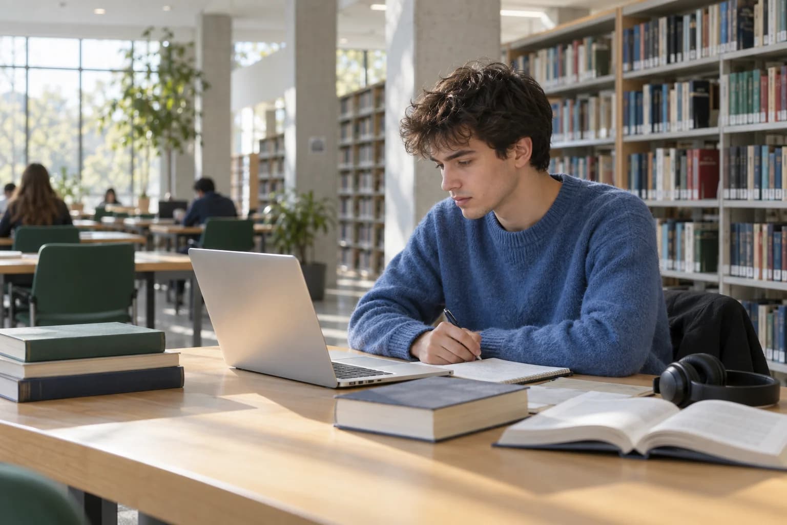Student w niebieskim swetrze pracujący w bibliotece
