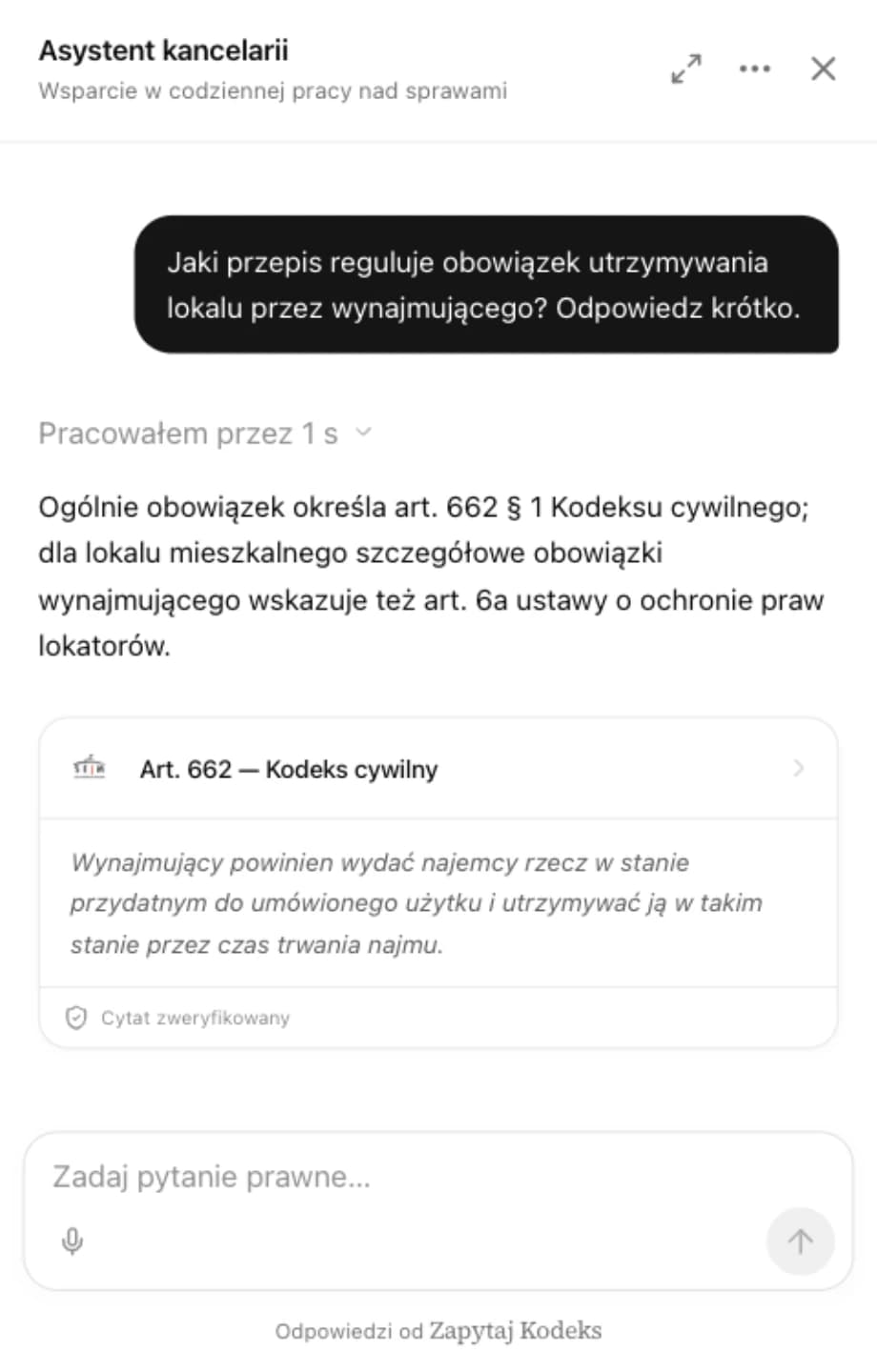 Odpowiedź widżetu z cytatem z art. 662 Kodeksu cywilnego i oznaczeniem weryfikacji cytatu