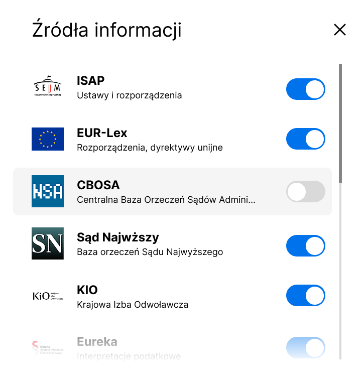 Panel wyboru źródeł informacji w Zapytaj Kodeks.